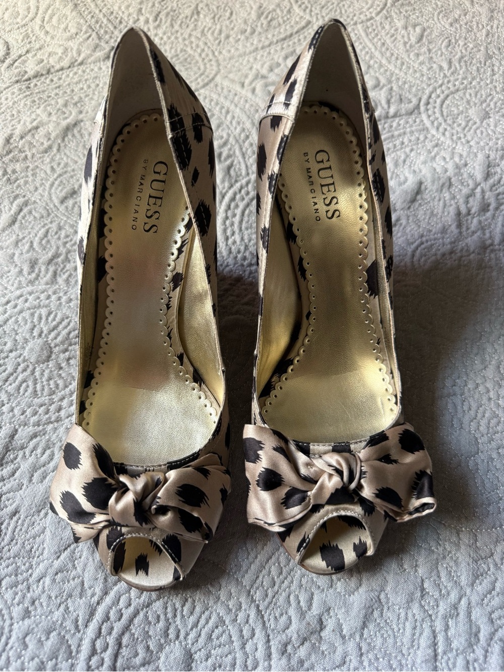 GUESS MARCIANO Leopard Print Peep-Toe Heels with Bow Accent